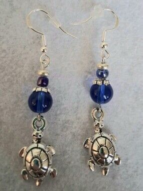 Silver Tone Turtle Charm Drop Pierced Earrings with Royal Blue Glass Beads